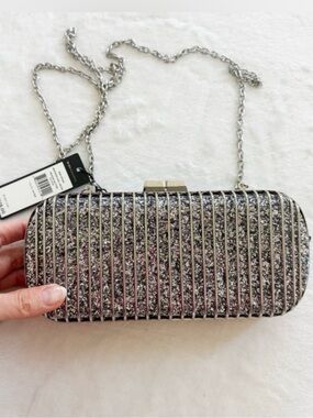 BCBGMAXAZRIA Silver Glitter Clutch w/ Chain Strap| New with tags